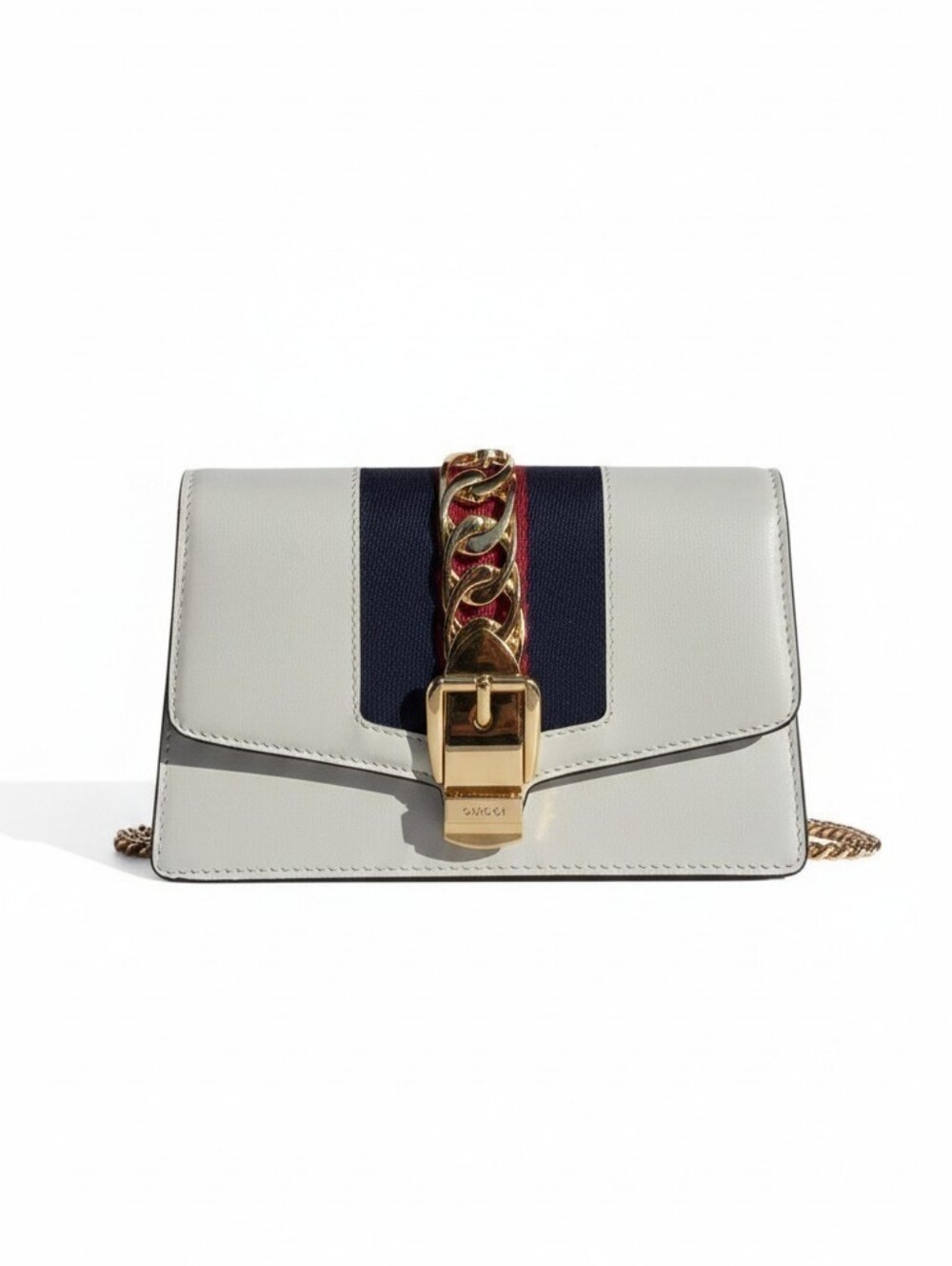 Authentic Gucci Sylvie Mini Chain Shoulder Bag – White Leather with Web Stripe